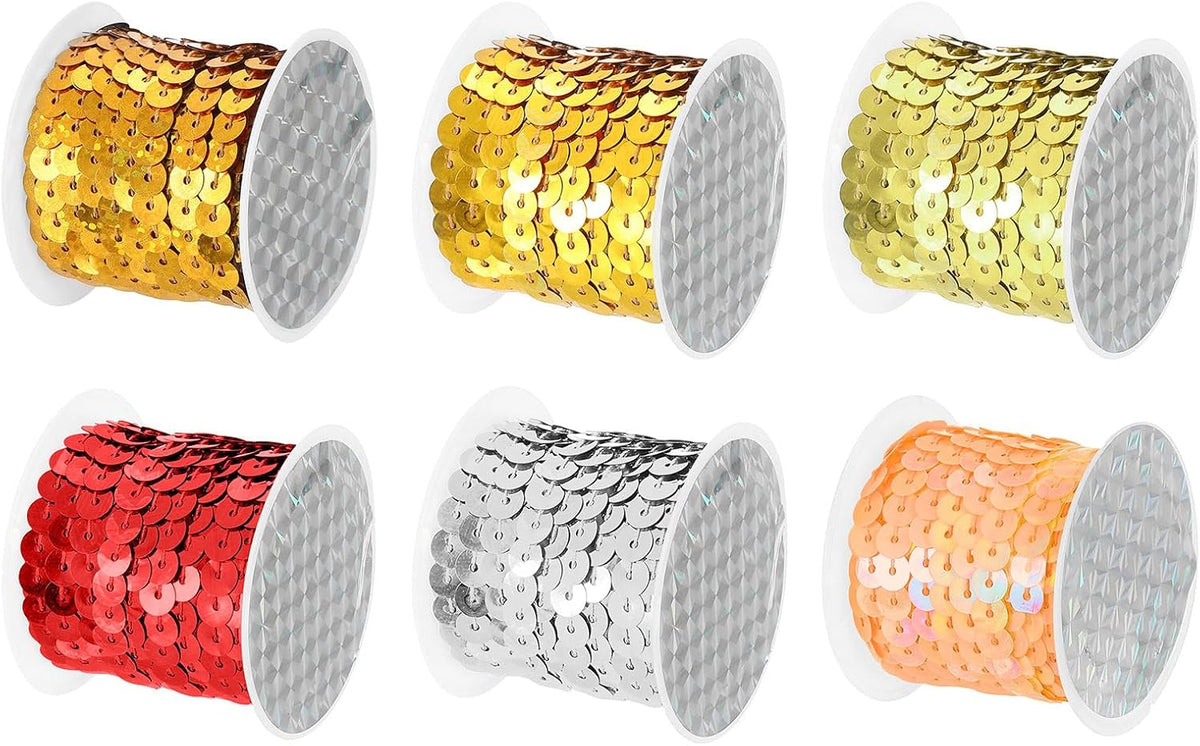 LinkMejor 6 Colors 30Yds Flat Sequins Strip, 6mm Spangle Paillette Spool Roll Sewing String Ribbon for Fringe Sewing DIY Projects