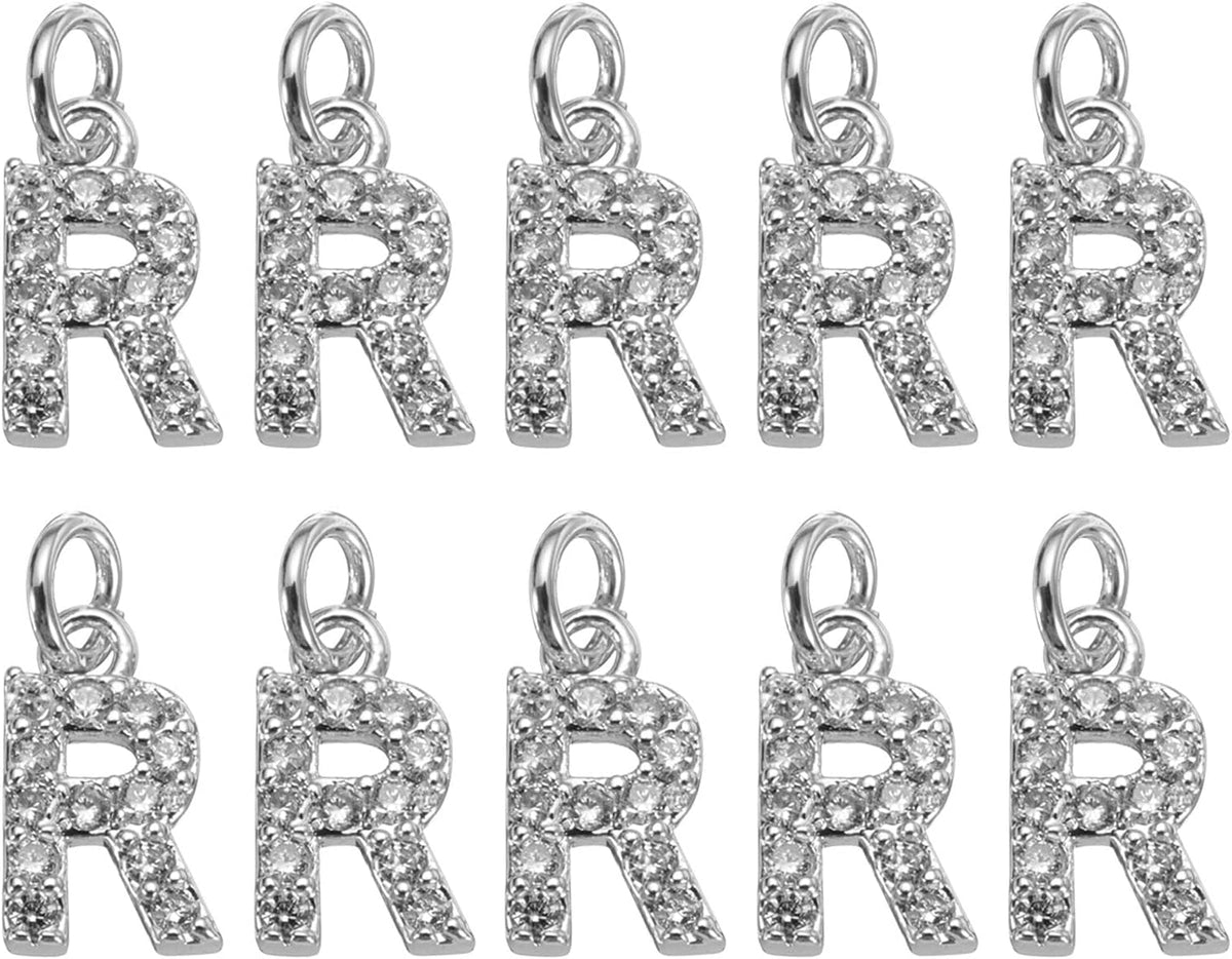 LinkMejor Rhinestone Letter Charm, 10pcs Crystal Zirconia Copper Alphabet R Pendants Slider Letter Charm for Wristbands Bracelets Necklace Jewelry Earring DIY Craft, Silver