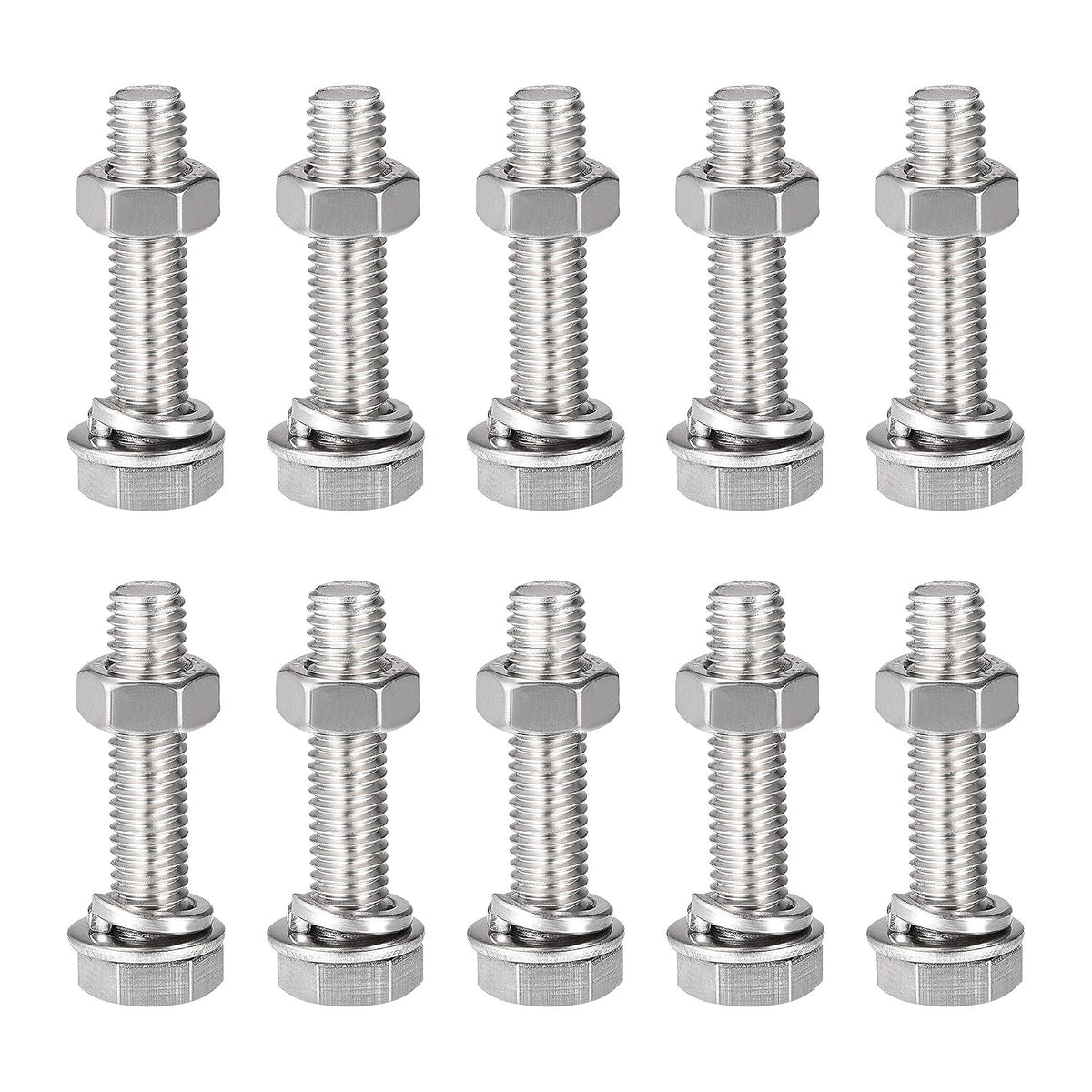 M8 x 35mm Hex Head Screws Bolts, Nuts, Flat & Lock Washers Kits, 304 Stainless Steel Fully Thread Hexagon Bolts 10 Sets