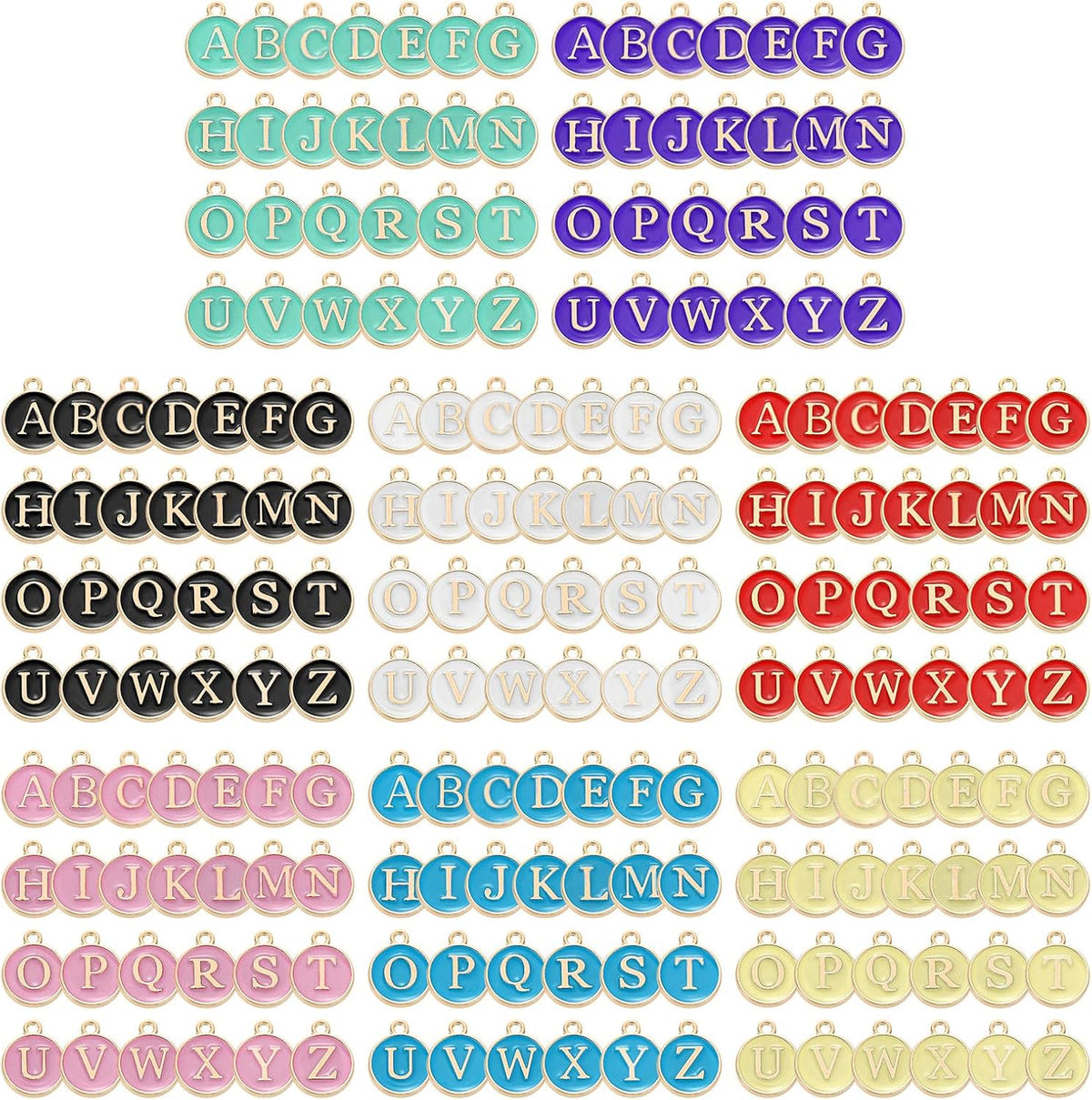 208 Pcs Letter Charm, Alloy A-Z Initial Charm Round Alphabet Pendant for Necklace Bracelet Earring Jewelry Making Diy, Black+White+Pink+Blue+Yellow+Red+Purple+Green
