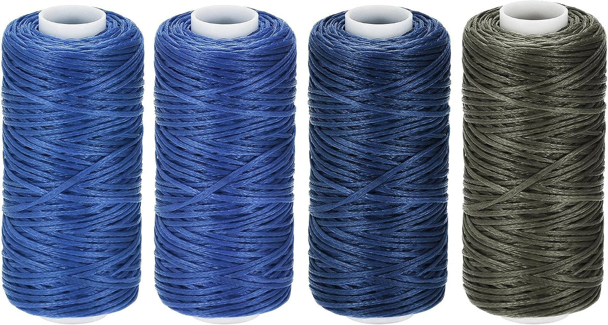 LinkMejor Waxed Leather Thread Set 55 Yards 150D/0.8mm Flat Polyester Cords for Hand Sewing (Various Blue, 4pcs)