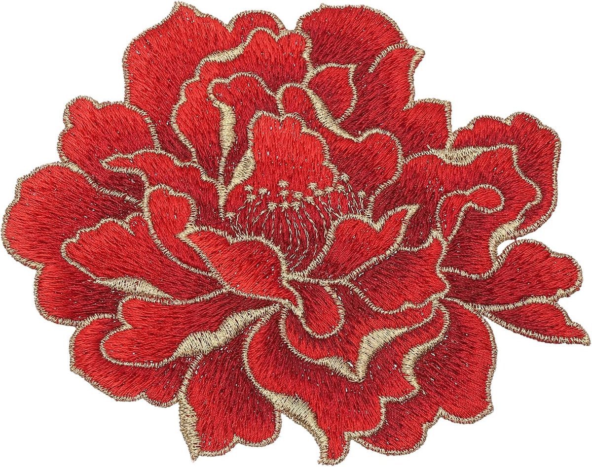 Peony Floral Patches, 5.7" Embroidered Flower Appliques, Sew on Garment Patches Embellishments for Clothes Jeans Jackets Bags DIY Crafts Sew Making, Red