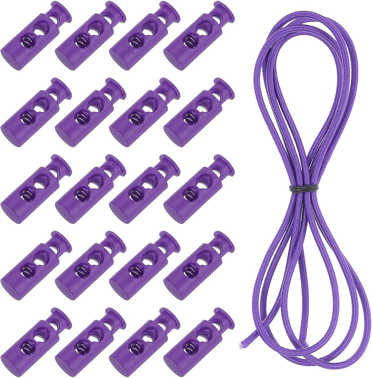 25 Pcs Double Hole Cord Locks with 39Inch Elastic Shock Cord, Plastic Spring Toggle Stopper Clip with Stretch String for Shoelaces Drawstrings Paracord, Purple