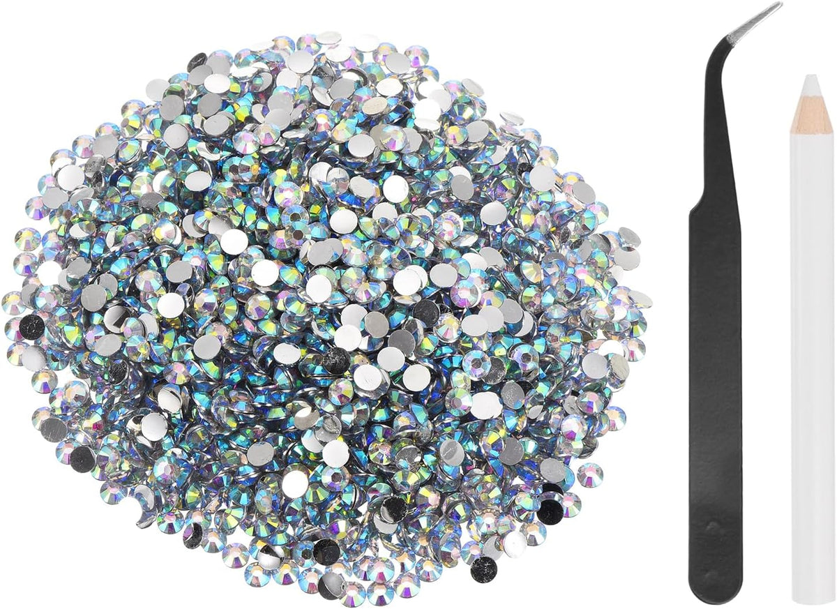2500pcs Flatback Rhinestones Resin, SS20 5mm Resin Rhinestones Bulk Round Shine Gems with Pickup Tools for DIY Nail Art Tumblers Mugs Clothes, AB