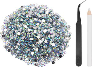 2500pcs Flatback Rhinestones Resin, SS20 5mm Resin Rhinestones Bulk Round Shine Gems with Pickup Tools for DIY Nail Art Tumblers Mugs Clothes, AB