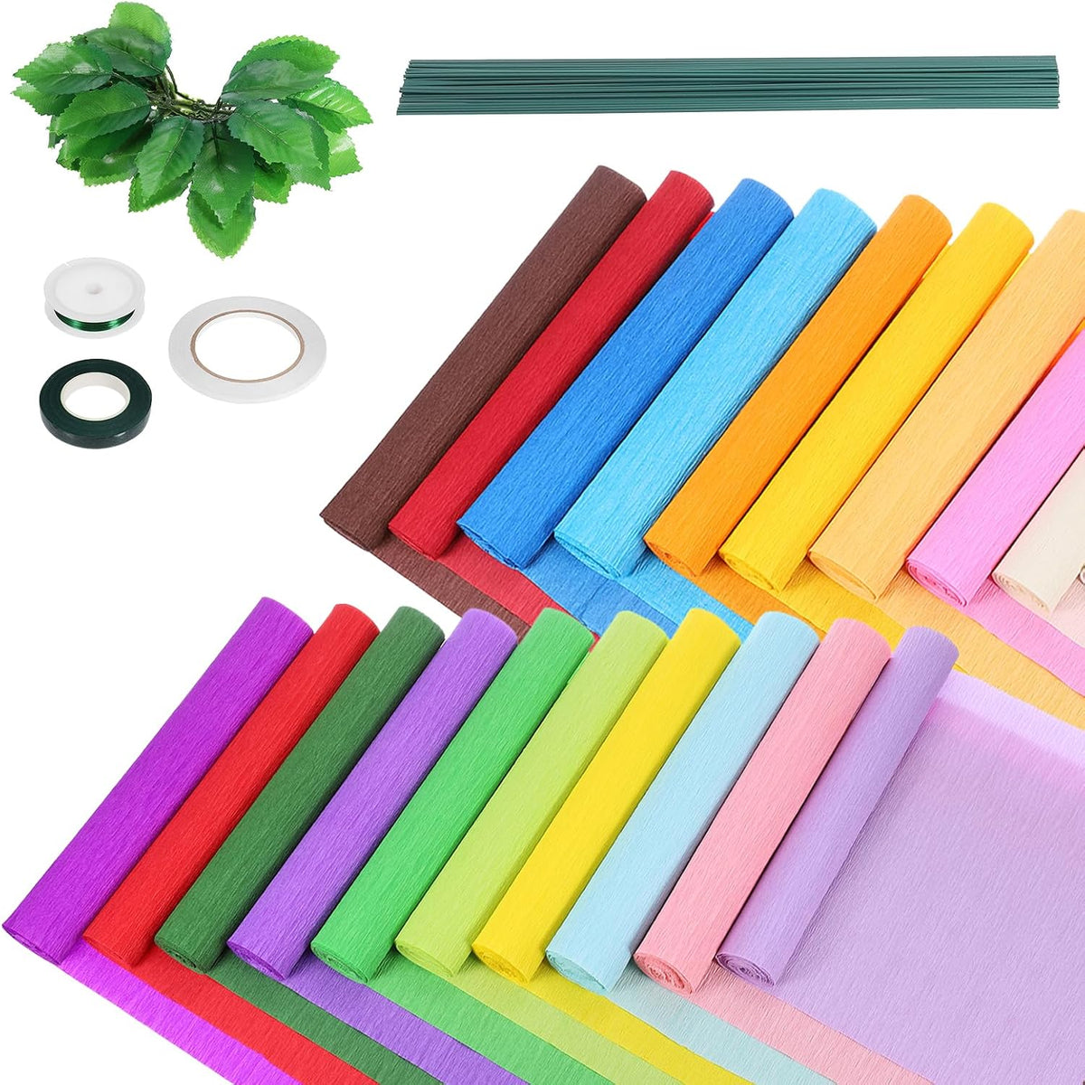 20 Colors Crepe Paper Flower Kit 8.2ft x 10 in Colorful Crepe Paper Rolls with 50 Pcs Floral Iron Wire Stem 20 Pcs Leaves 2 Roll Tape for Birthday Wedding Party Decoration