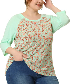 Women's Plus Size Raglan Crewneck 3/4 Sleeve Tunic Tee Shirt Floral Print T-Shirt Casual Blouses Tops