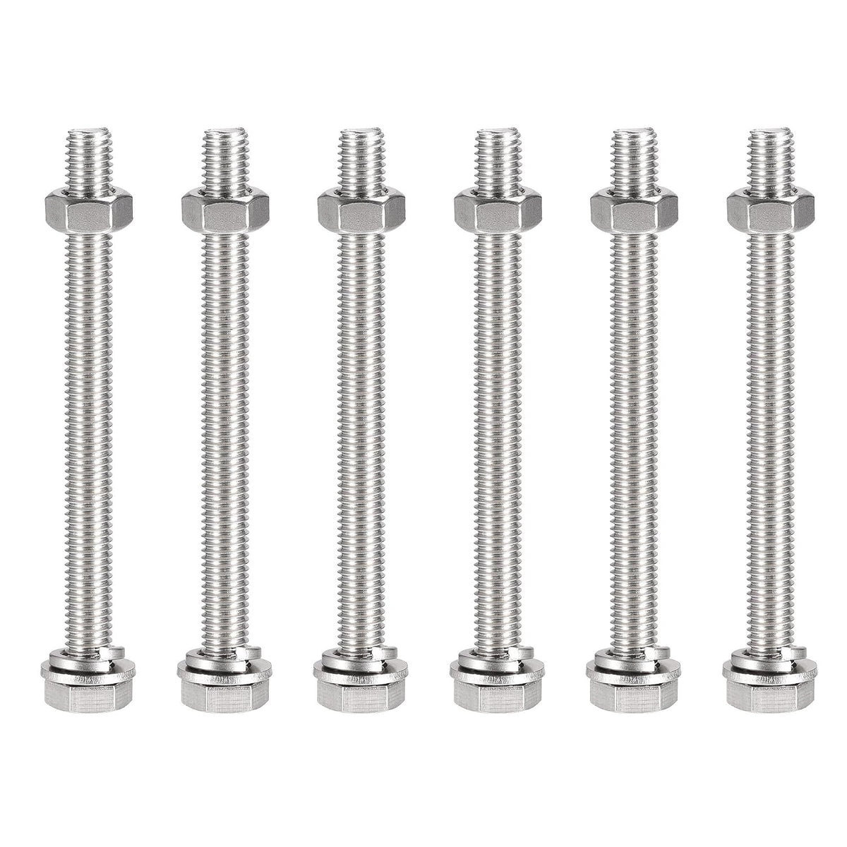 M10 x 120mm Hex Head Screws Bolts, Nuts, Flat & Lock Washers Kits, 304 Stainless Steel Fully Thread Hexagon Bolts 6 Sets