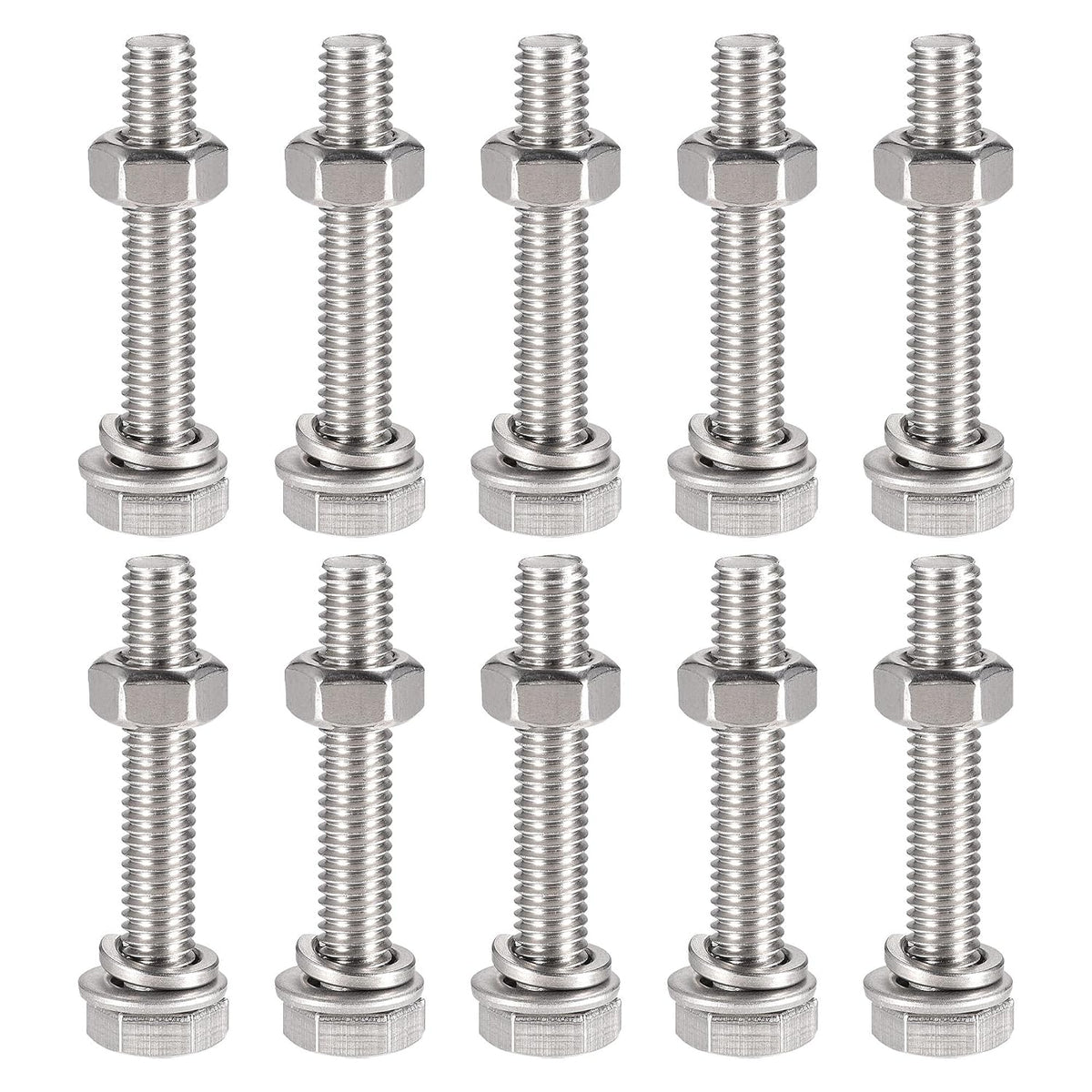 M6 x 35mm Hex Head Screws Bolts, Nuts, Flat & Lock Washers Kits, 304 Stainless Steel Fully Thread Hexagon Bolts 10 Sets