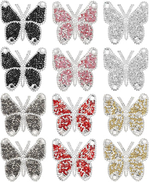 12Pcs Butterfly Rhinestone Patches Butterfly Iron-on Rhinestone Appliques Patches for Clothing Repair Decoration, 6x6cm, 6 Colors
