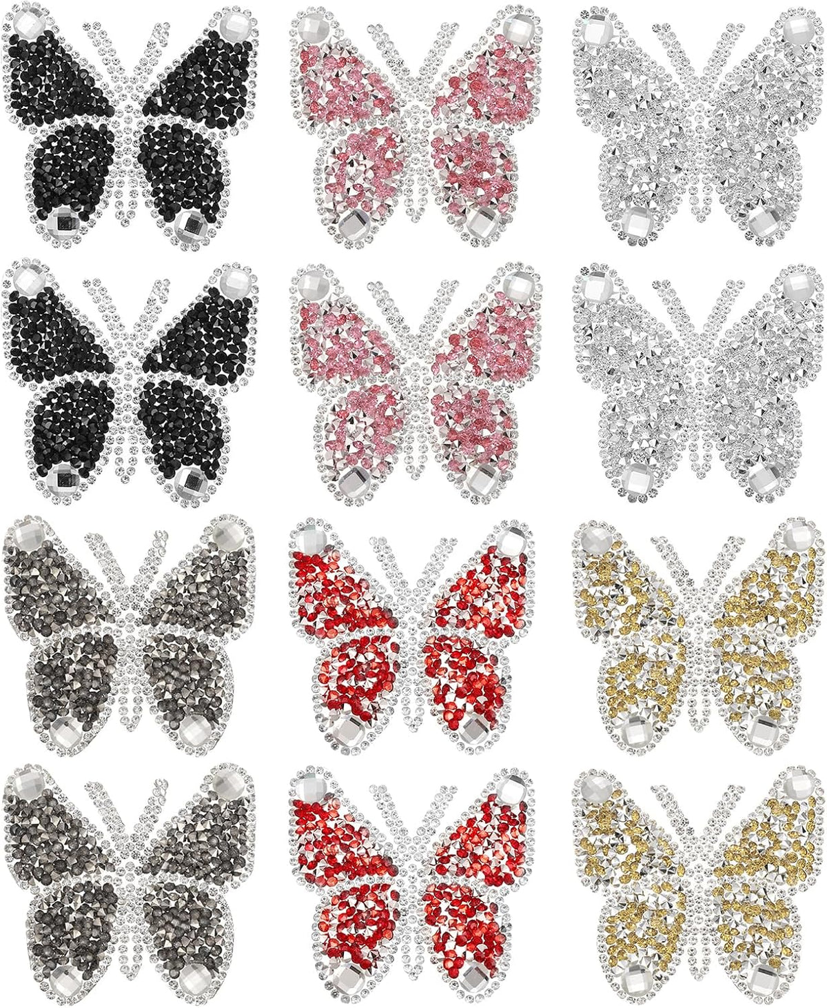 12Pcs Butterfly Rhinestone Patches Butterfly Iron-on Rhinestone Appliques Patches for Clothing Repair Decoration, 6x6cm, 6 Colors