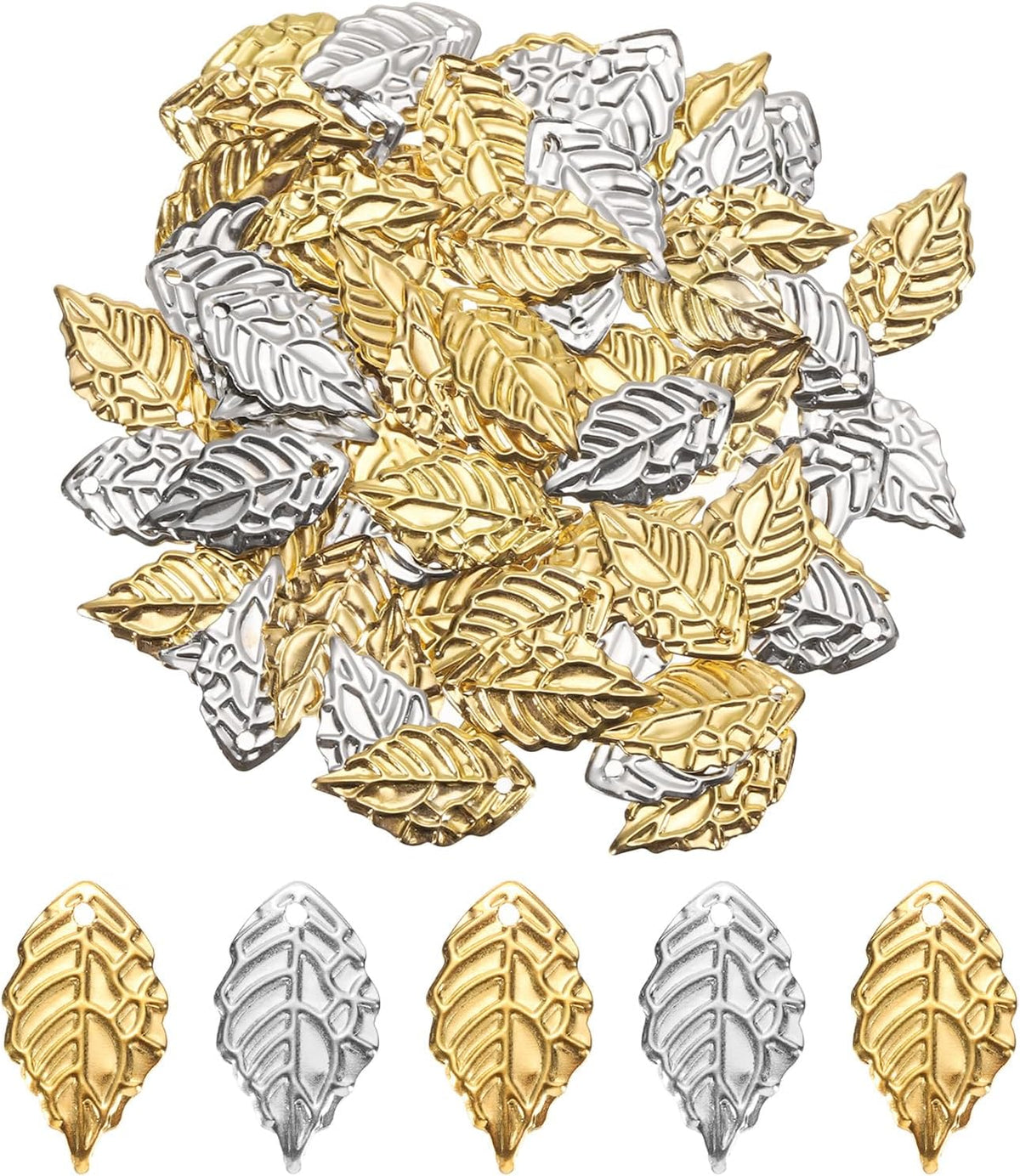 50Pcs Gold and 50Pcs Silver Leaf Ornaments Pendant, Metal Tree Leaves Decoration Crafts for Making DIY Earring Necklace Hairpin Hair Clip Clothing Crafts (1.7 x 1cm)