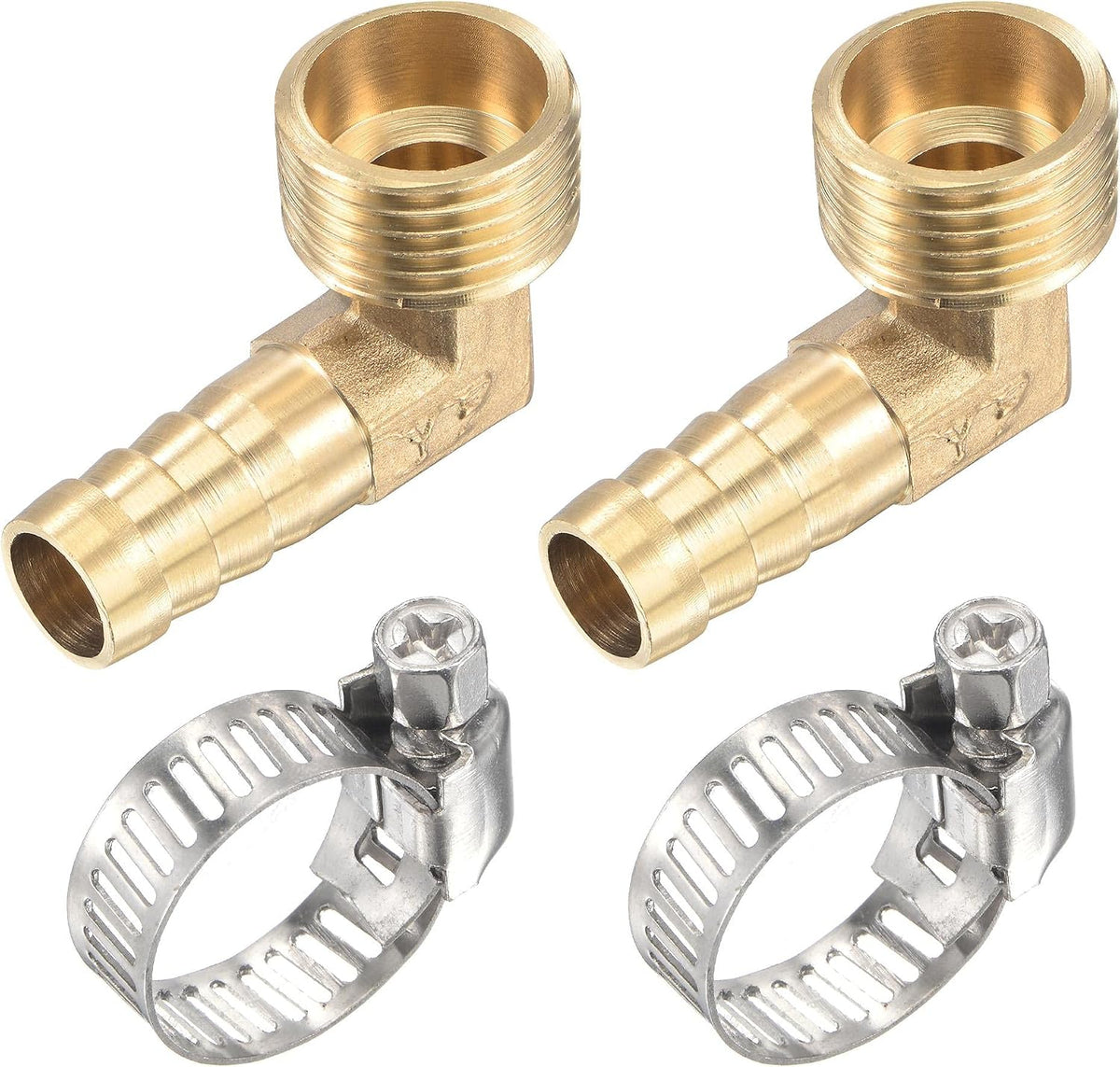 Brass Hose Barb Fitting Elbow 12mm x G1/2 Male Thread Right Angle Pipe Connector with Stainless Steel Hose Clamp, Pack of 2