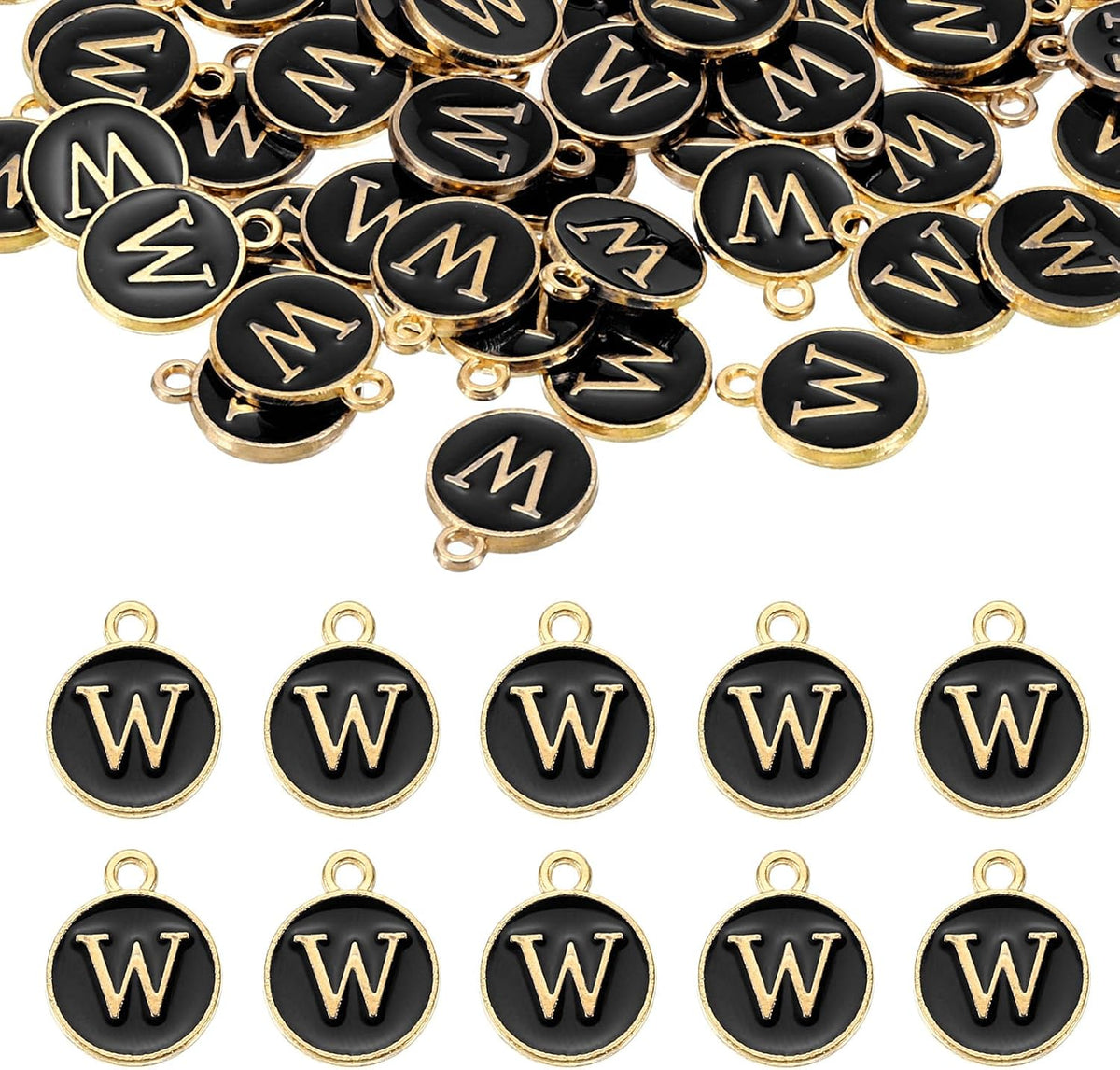 LinkMejor 52pcs Letter Charm, Enamel Letter Pendants, Alphabet W Pendants Double Sided Beads Charm for DIY Bracelet Necklace Pendants Earring Jewelry, Black