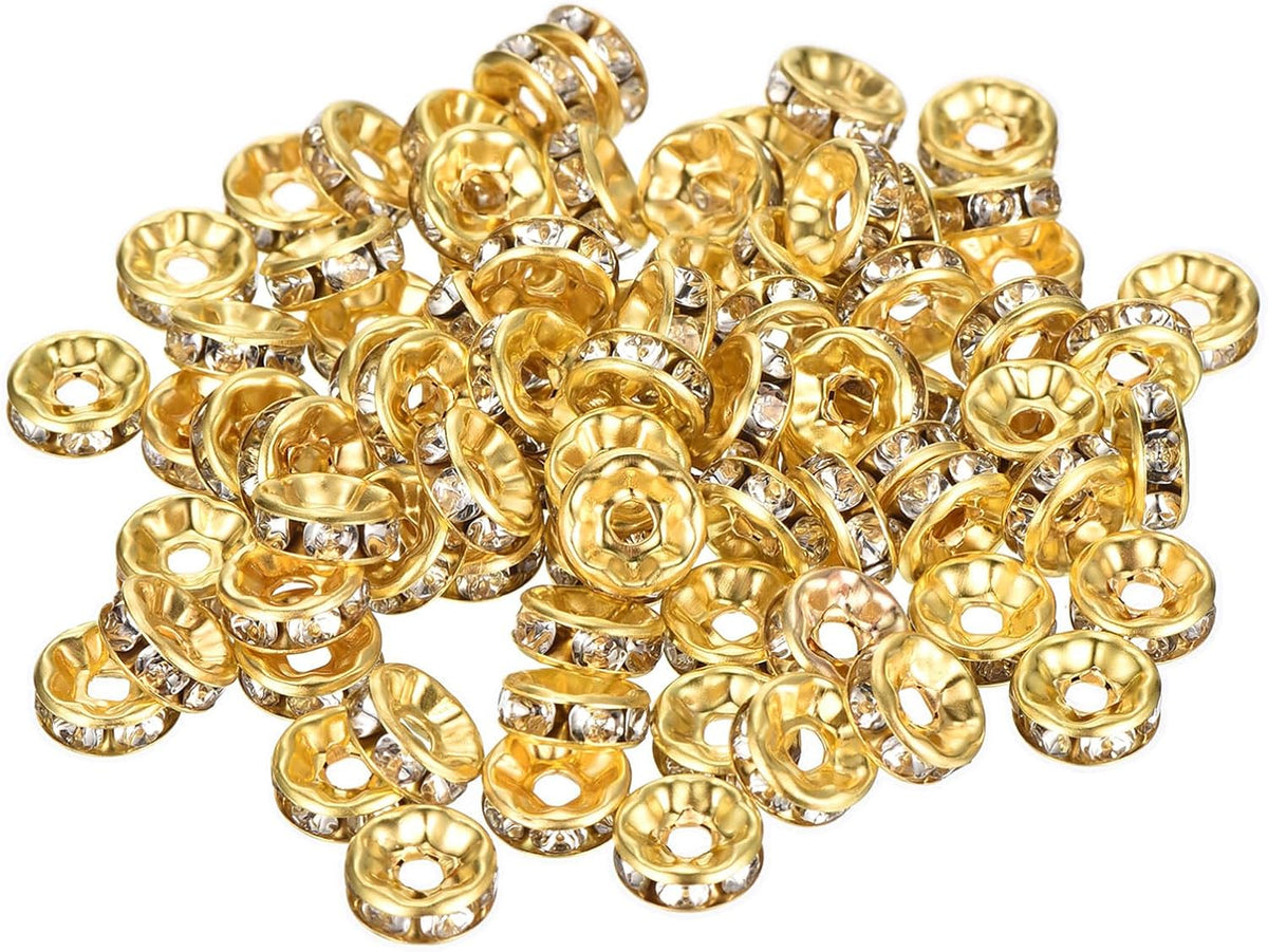 80Pcs Rondelle Spacer Beads, 8mm Rhinestone Spacer Beads Crystal Bead Spacers for DIY Jewelry Making Necklaces Bracelet Pendants, Imitation Gold