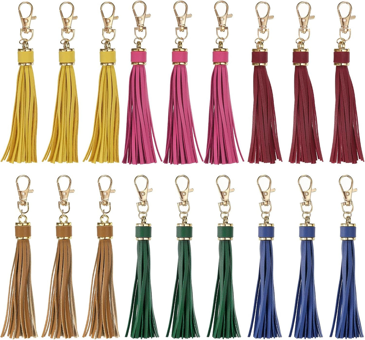 18pcs PU Leather Tassels, 5.9 Inch Keychain Tassel Charm with Lobster Swivel for Jewelry Making, Handbag, DIY Crafts, (6 Colors Mixed)