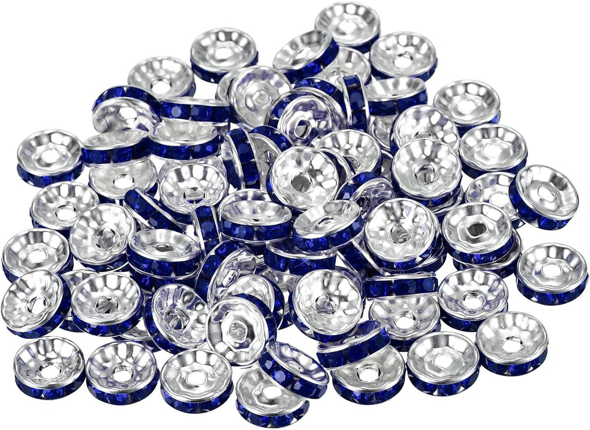 80Pcs Rondelle Spacer Beads, 10mm Rhinestone Spacer Beads Silver Plated Crystal Bead Spacers for DIY Jewelry Making Necklaces Bracelet Pendants, Sapphire Blue