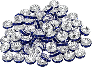 80Pcs Rondelle Spacer Beads, 10mm Rhinestone Spacer Beads Silver Plated Crystal Bead Spacers for DIY Jewelry Making Necklaces Bracelet Pendants, Sapphire Blue