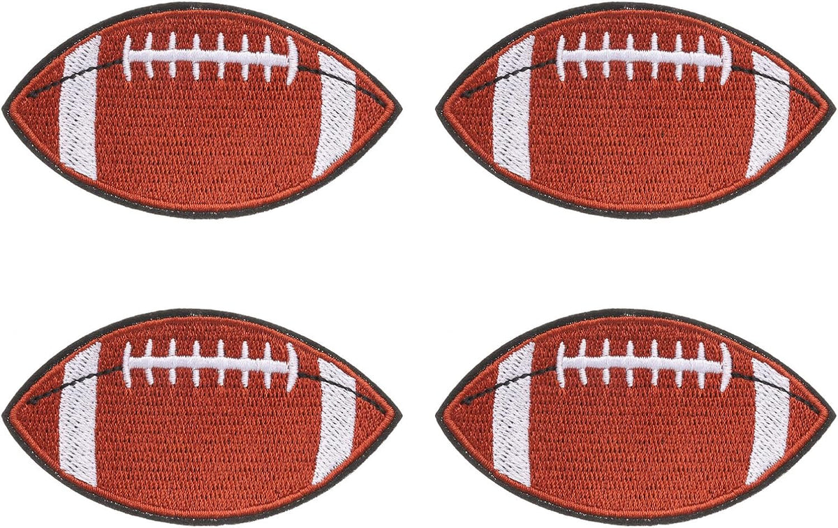 4 Pcs Football Iron on Patches, 1.7" x 3.1" Rugby Sew on Patches Embroidered Appliques for Clothing Decoration Backpack, Jean Hat, Brown