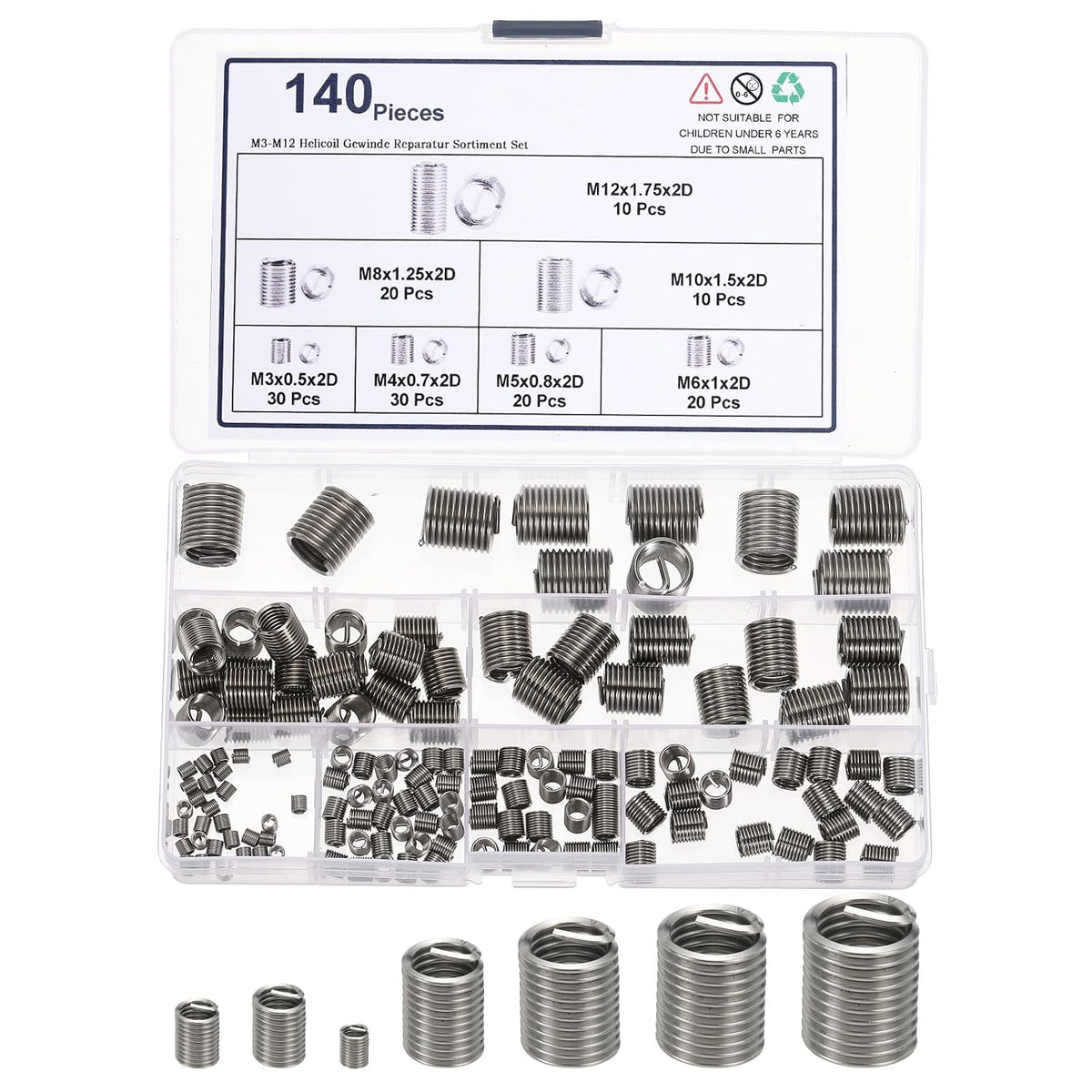 140Pcs Wire Thread Inserts Kit, M3/4/5/6/8/10/12 Carbon Steel Metric Sleeve Thread Repair Kit Helical Coiled Type for Machinery