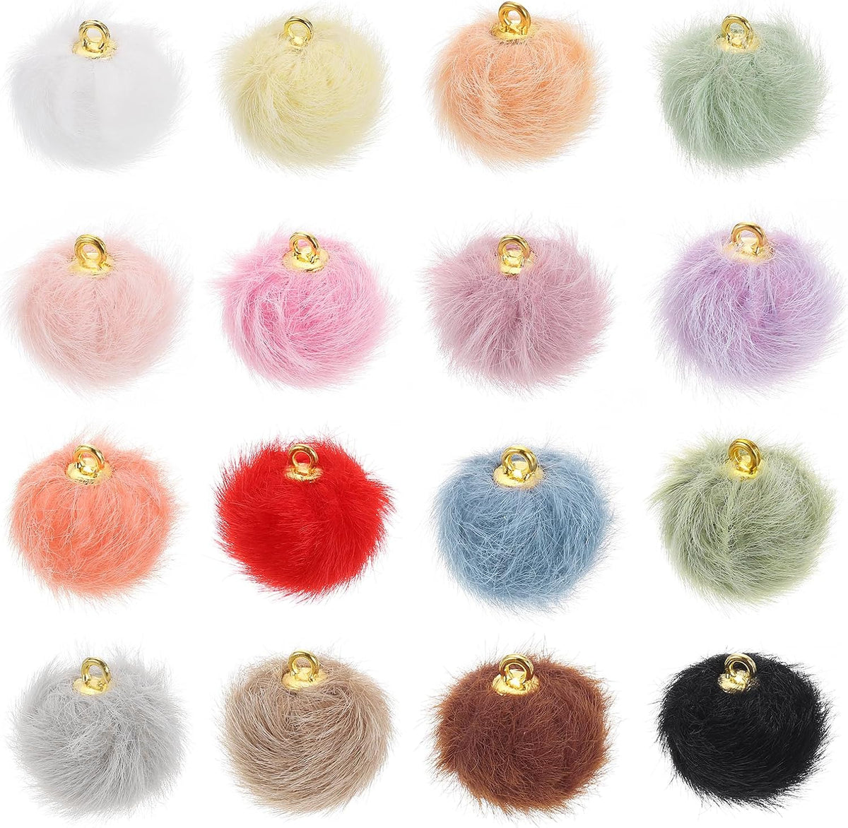 Pom Pom Charm, 128Pcs 15mm - Faux Fur Fluffy Pom Poms Pendants Balls, Pom Poms for DIY Crafts Jewelry Making Keychain Accessory (16 Colors)