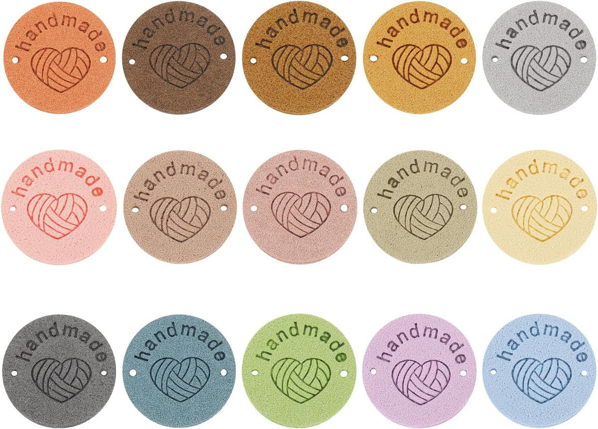 45Pcs Handmade Leather Label, PU Leather Sewing Embossed Tag Embellishment Knit Crochet Tags for Clothing Purses Scarves DIY, 25x25mm, 15Colors