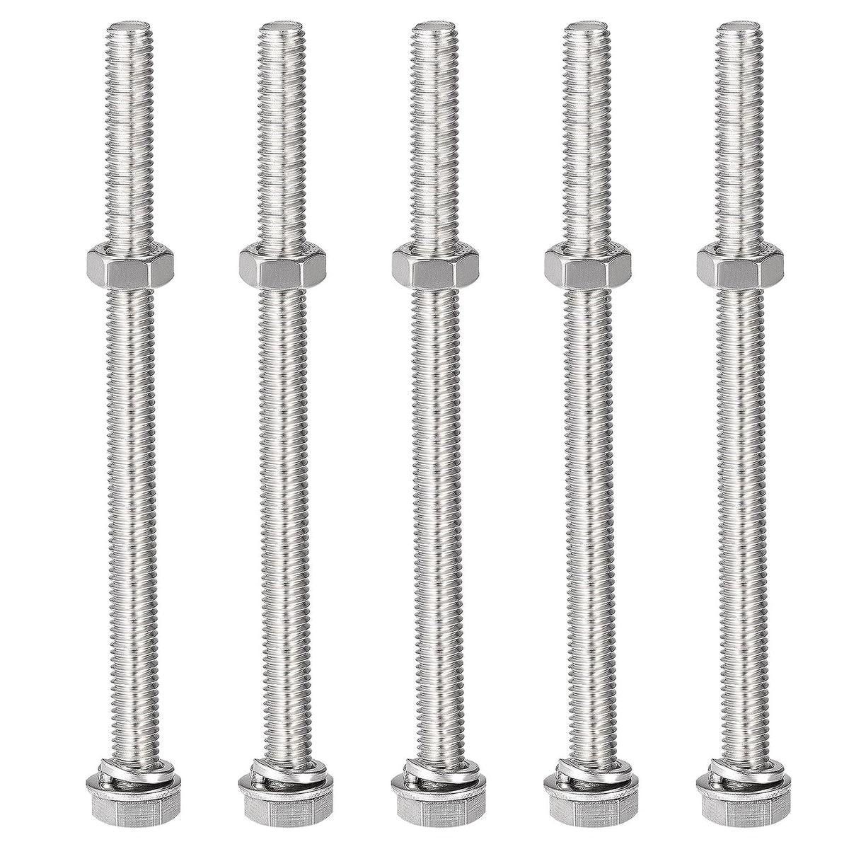 M8 x 120mm Hex Head Screws Bolts, Nuts, Flat & Lock Washers Kits, 304 Stainless Steel Fully Thread Hexagon Bolts 5 Sets