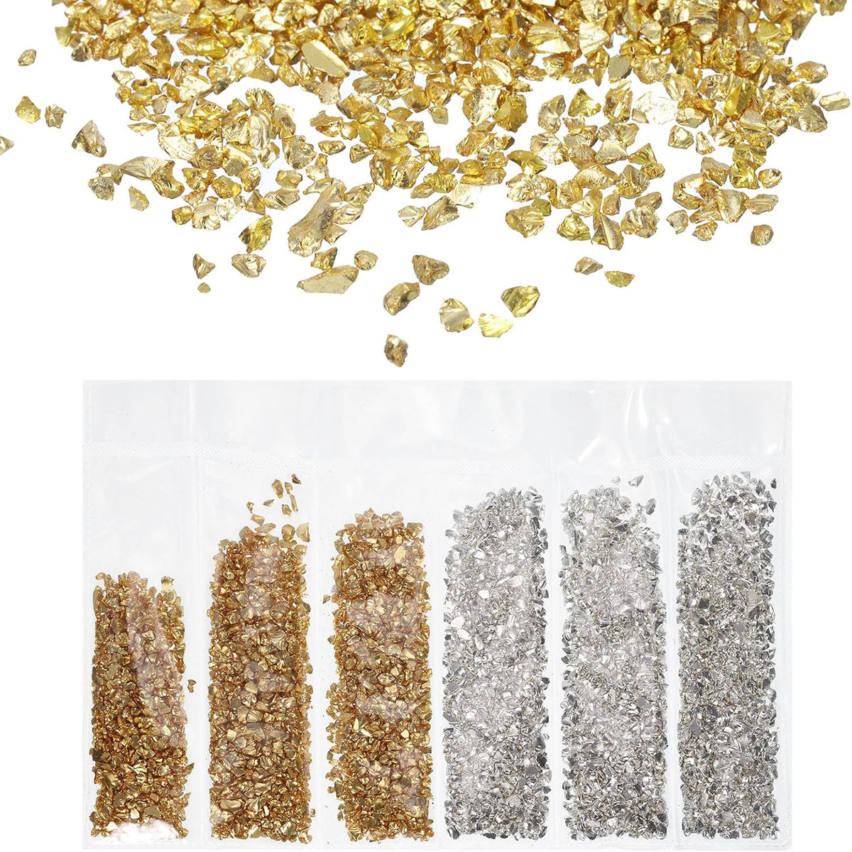 6 Colors Crushed Glass Glitters 2-4mm Irregular Chips Sequins, Metallic Chunky Glitters Stones for Resin Art, Nail Craft (Gold Silver, 1.06 oz/ 30g)