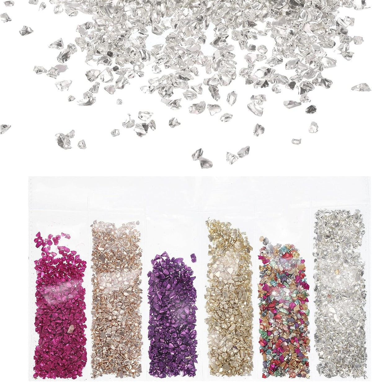 Crushed Glass High Luster Chips 1-3mm 29g Broken Glass Pieces Irregular Glass Metallic Crystal Chips for Resin Arts Craft DIY Vase Filler Jewelry Making, Multicolor