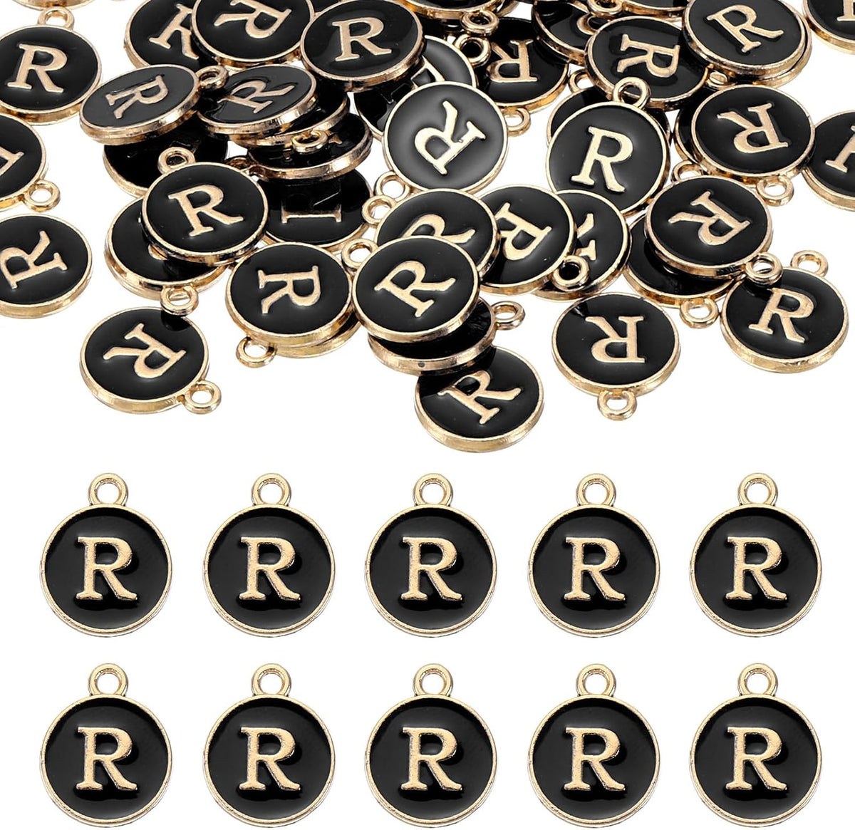 LinkMejor 52pcs Letter Charm, Enamel Letter Pendants, Alphabet R Pendants Double Sided Beads Charm for DIY Bracelet Necklace Pendants Earring Jewelry, Black