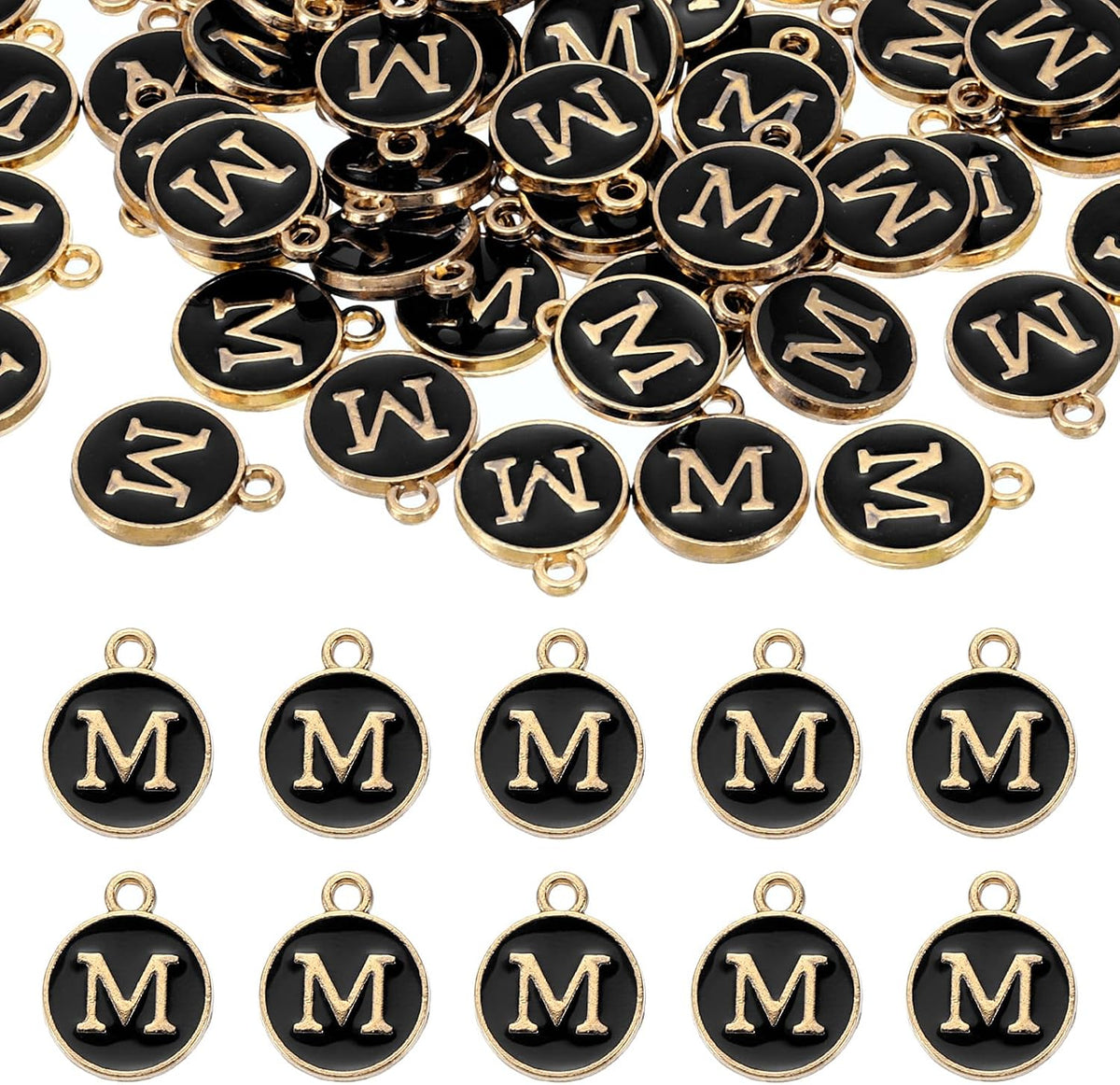 LinkMejor 52pcs Letter Charm, Enamel Letter Pendants, Alphabet m Pendants Double Sided Beads Charm for DIY Bracelet Necklace Pendants Earring Jewelry, Black