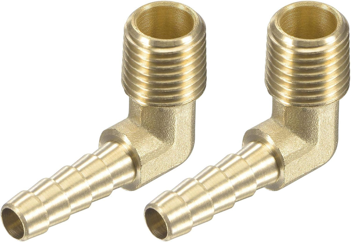 Brass Hose Barb Fitting Elbow 1/4 Inch x 1/4 NPT Male Thread Right Angle Pipe Connector, Pack of 2