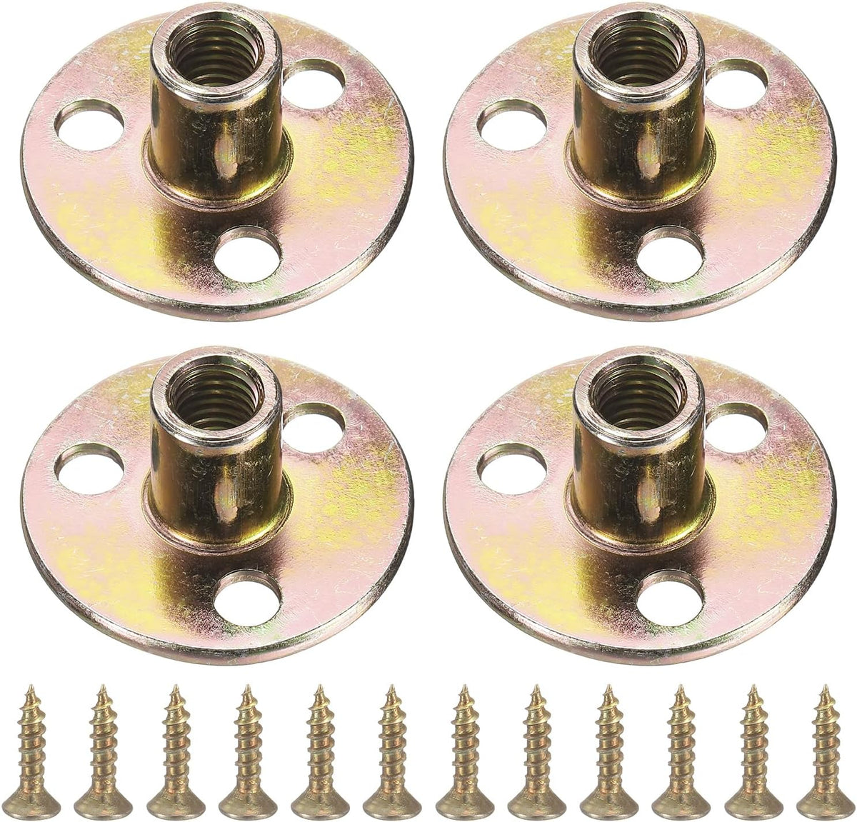 4Pcs M8-1.25mm Pitch T-Nuts, Zinc Plated Steel Brad Hole Tee Nut with Screws, 3-Hole Round Base Weld Nuts Through Hole Flange Insert Female Thread Plate Nuts, Multicolor