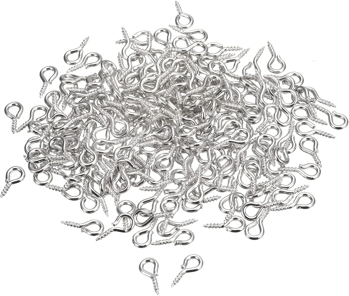 200Pcs Small Screw Eye Pins Hooks Mini Eyelets Screws Threaded, 5x10x1.2mm Self Tapping Screw for Jewelry Making Findings DIY Crafts, Silver White