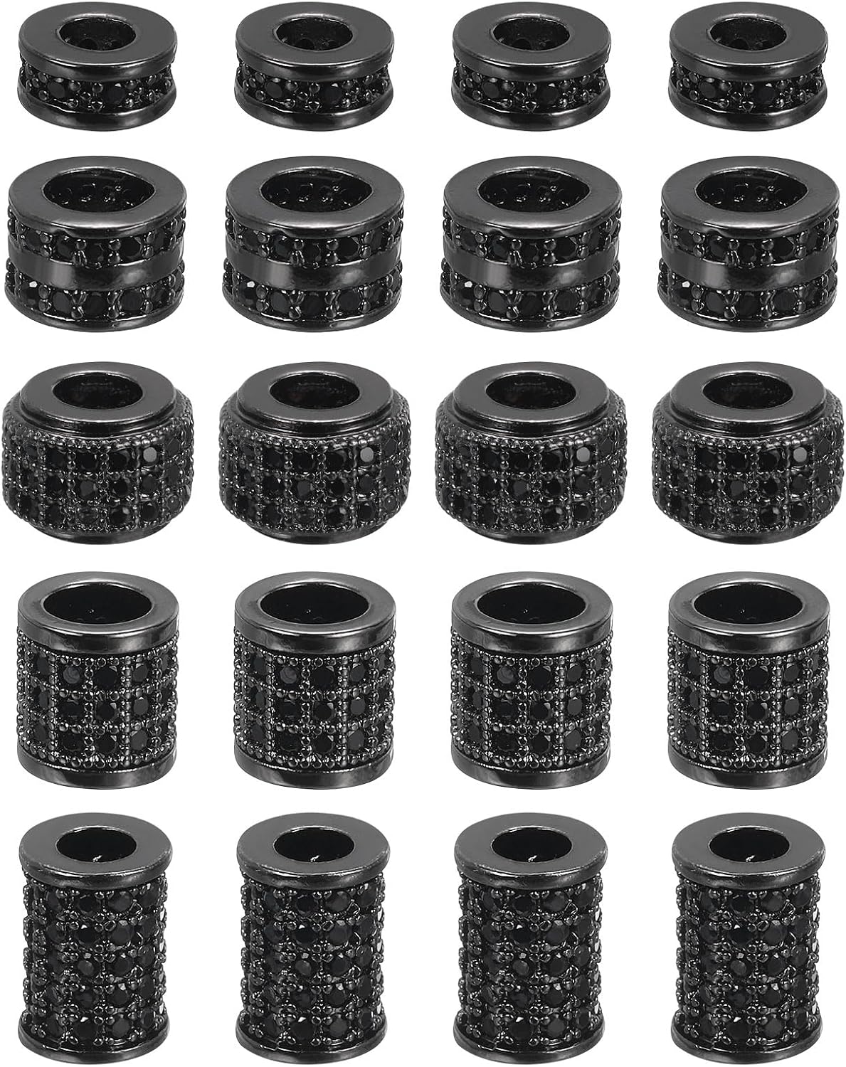 Rhinestone Charm Spacer Beads, 20Pcs Big Hole Zircon Pave Tube Column Beads for Bracelet Jewelry Making (Metallic Black, 5 Styles, Each 4Pcs)