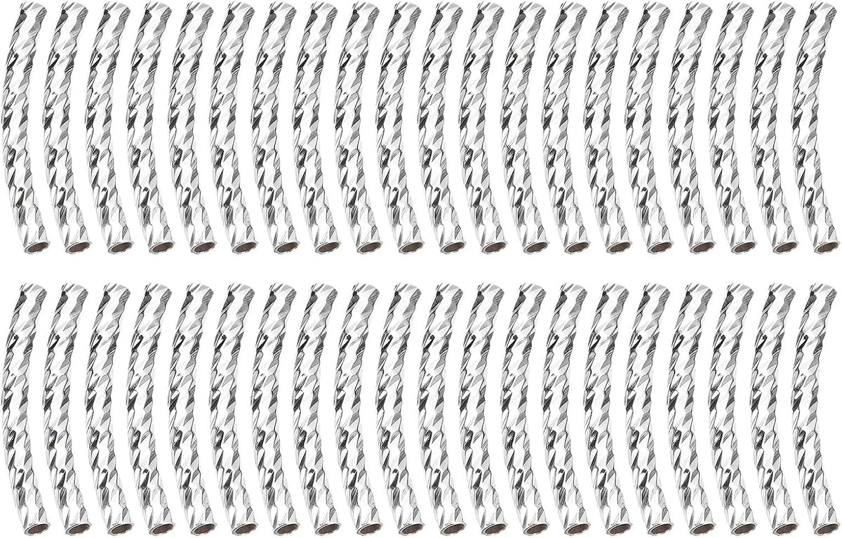 60Pcs Brass Curved Tube Beads, 2x20mm Texture Plating Noodles Spacer Beads for Jewelry Craft Making, Silver White