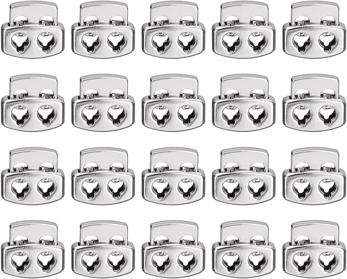 Spring Cord Lock End Toggle, 20Pcs Double Hole Spring Stopper Alloy Fastener Slider Toggles Clip for Drawstrings, Shoelaces, Bags (Bright Silver,15x13.5mm)