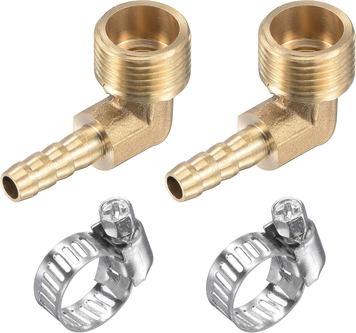 Brass Hose Barb Fitting Elbow 6mm x G3/8 Male Thread Right Angle Pipe Connector with Stainless Steel Hose Clamp, Pack of 2