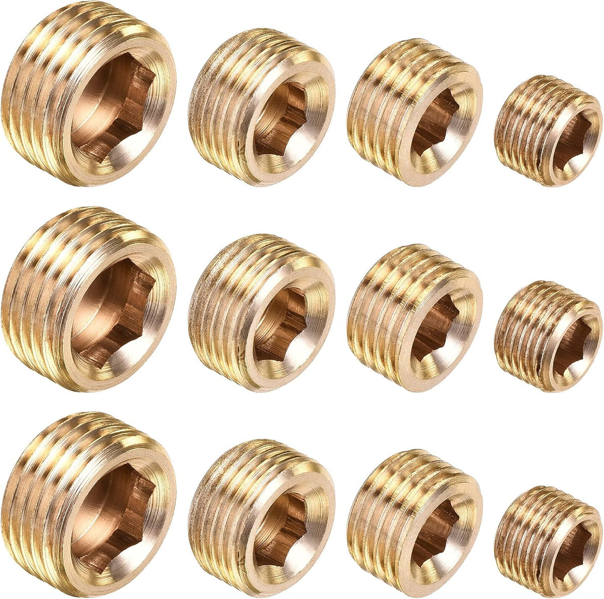 Brass Internal Hex Pipe Plug Assortment 1/8PT 1/4PT 3/8PT 1/2PT Male Thread Socket Cap 4in1 3 Set