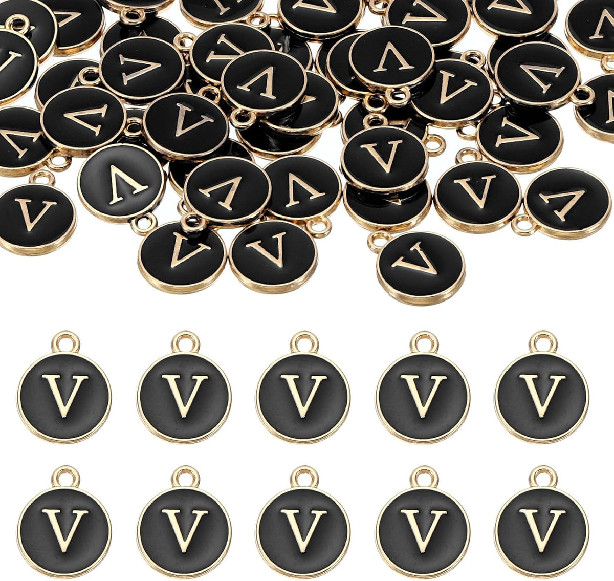 LinkMejor 52pcs Letter Charm, Enamel Letter Pendants, Alphabet V Pendants Double Sided Beads Charm for DIY Bracelet Necklace Pendants Earring Jewelry, Black