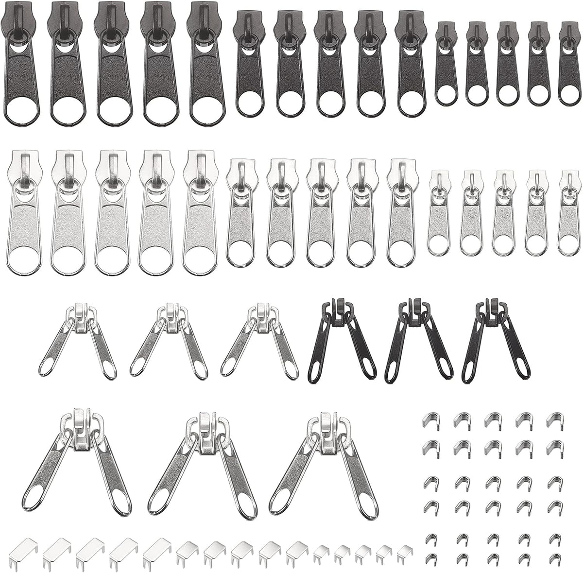 #3#5#8 Zipper Repair Kits, 84Pcs - 39Pcs Metal Zipper & 30Pcs U Shape Top Stops &15Pcs Bottom Stoppers for Bags Coats Zippers Replacing