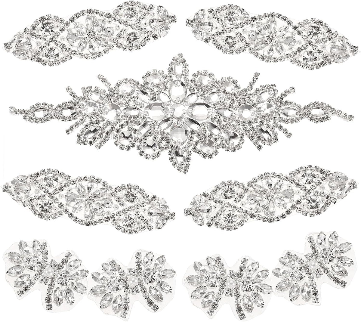 Crystal Rhinestone Applique, 9Pcs Handmade Hot Fix Applique for Bridal Wedding Dress Belt Shoes Decoration, Silver