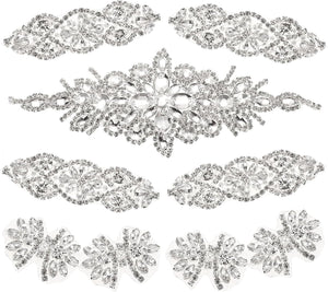 Crystal Rhinestone Applique, 9Pcs Handmade Hot Fix Applique for Bridal Wedding Dress Belt Shoes Decoration, Silver