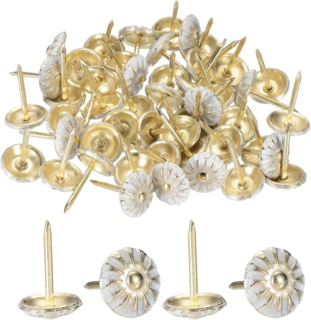 50Pcs Upholstery Tacks, 7/16" x 11/16" Vintage Flower Head Furniture Upholstery Nails Decorative Thumb Tacks Pins for Sofa Chair Bed, Gold/White