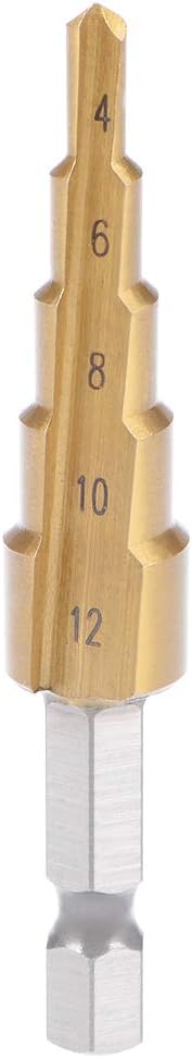 Step Drill Bit HSS 4241 4mm to 12mm 5 Sizes Titanium Coated Straight Flutes Hex Shank for Metal Wood Plastic