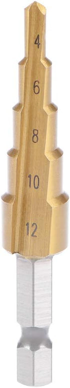 Step Drill Bit HSS 4241 4mm to 12mm 5 Sizes Titanium Coated Straight Flutes Hex Shank for Metal Wood Plastic