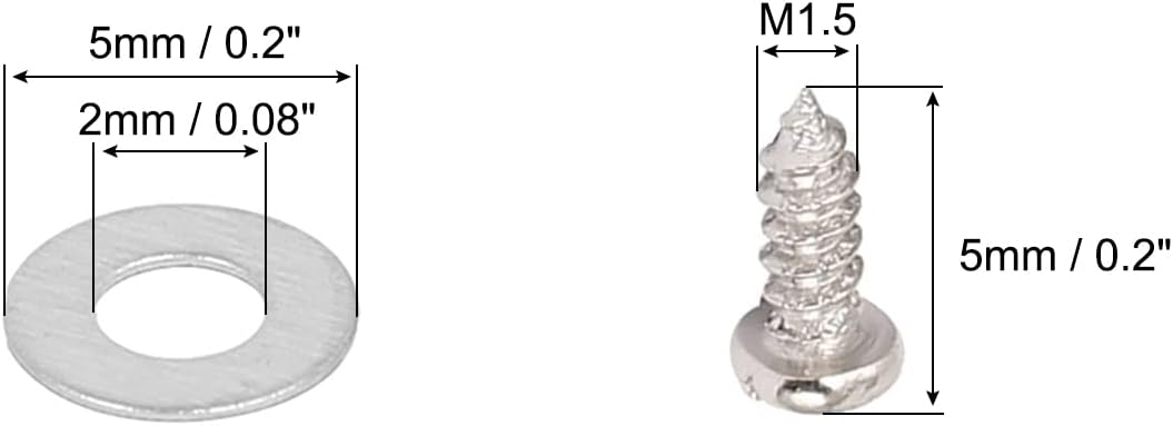 M2x5mmx0.3mm Round Flat Washer 200pcs and M1.5x4mm Phillips Round Head Self Tapping Screws 200pcs