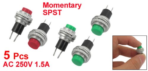 5 x 9,5 mm øverstående 1-knappspulsskift, AC 250V/1,5A, rød-grå