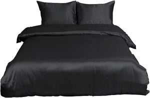 Acoperiș de duvet Satin, Set 3 bucăți, Acoperiș de duvet Queen din Satin Vizibil, Set de lenjerie de pat din Satin moale și respirabil, 1 Acoperiș de duvet + 2 Perniere Negre