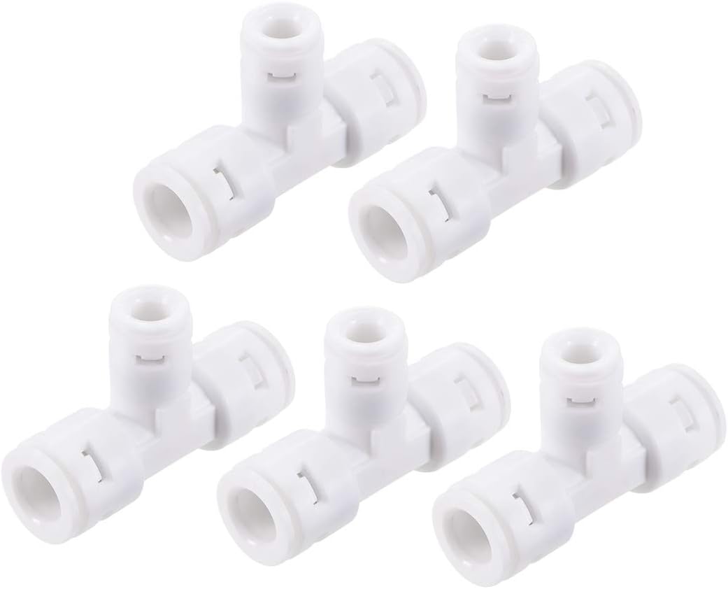 Quick Connector 3 Way T Type 3/8"x3/8"x1/4" Push Fit Connect Fittings for RO Water Purifier, 54x35mm White 5Pcs